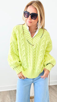 Cable Knit V- Neck Sweater Top - Neon Green-140 Sweaters-Macaron-Coastal Bloom Boutique, find the trendiest versions of the popular styles and looks Located in Indialantic, FL