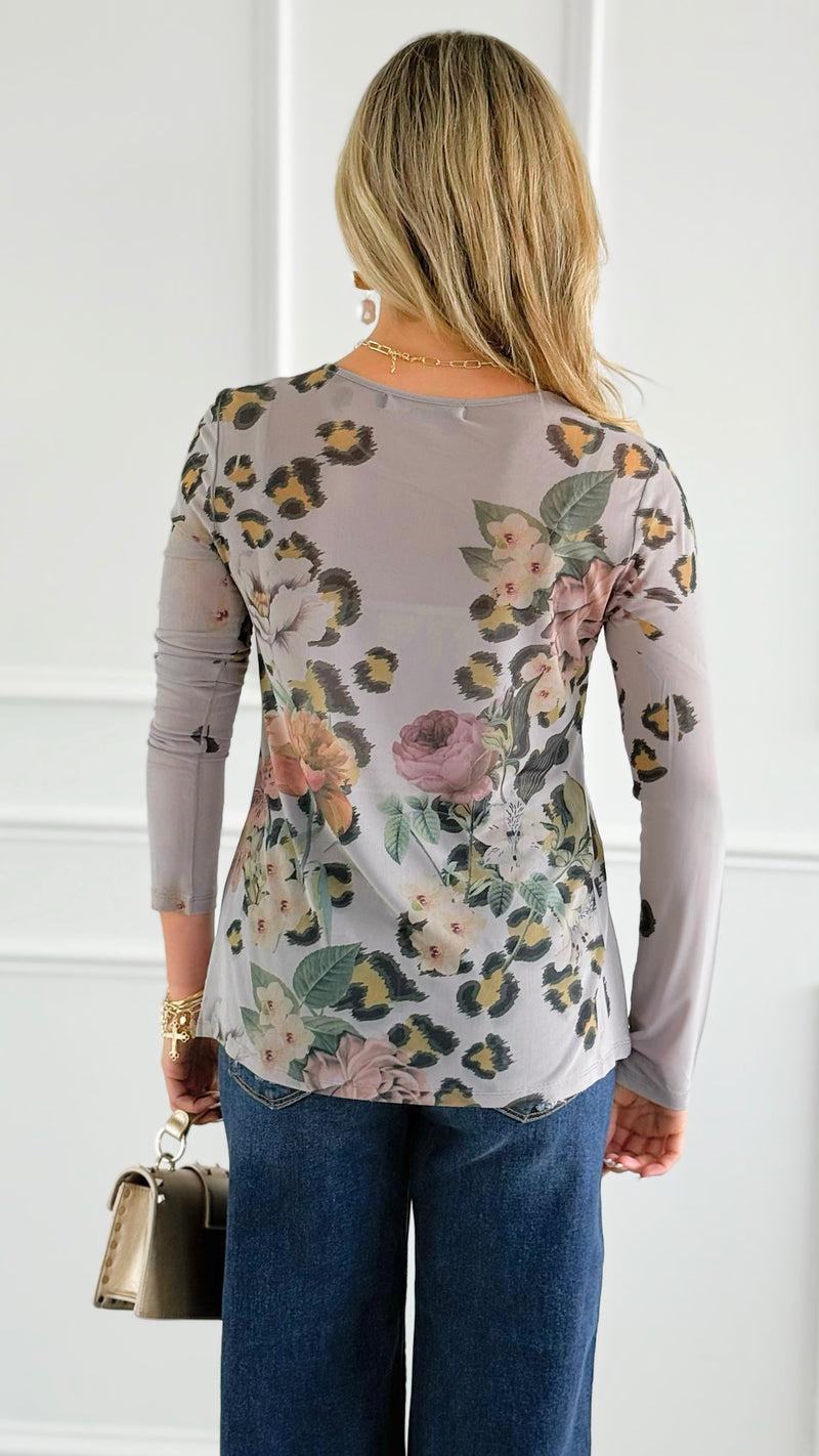 Wild Beauty Long Sleeved Mesh Top - Grey-110 Long Sleeve Tops-Origami Fashion Inc-Coastal Bloom Boutique, find the trendiest versions of the popular styles and looks Located in Indialantic, FL
