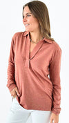 Cozy Collared V-Neck Top- Rust-100 Sleeveless Tops-mystree-Coastal Bloom Boutique, find the trendiest versions of the popular styles and looks Located in Indialantic, FL