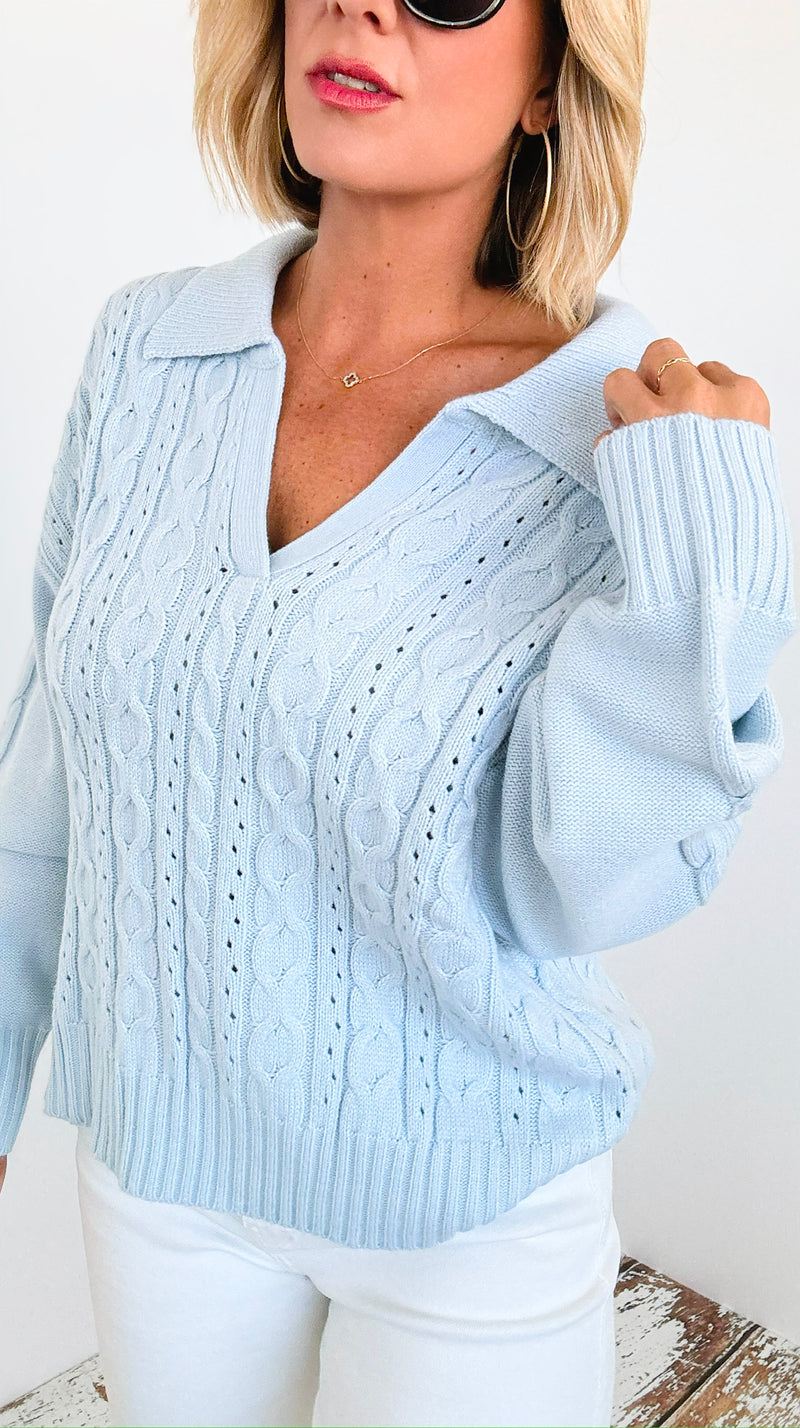 Spring Blue Crochet Collared Sweater-140 Sweaters-Rousseau-Coastal Bloom Boutique, find the trendiest versions of the popular styles and looks Located in Indialantic, FL