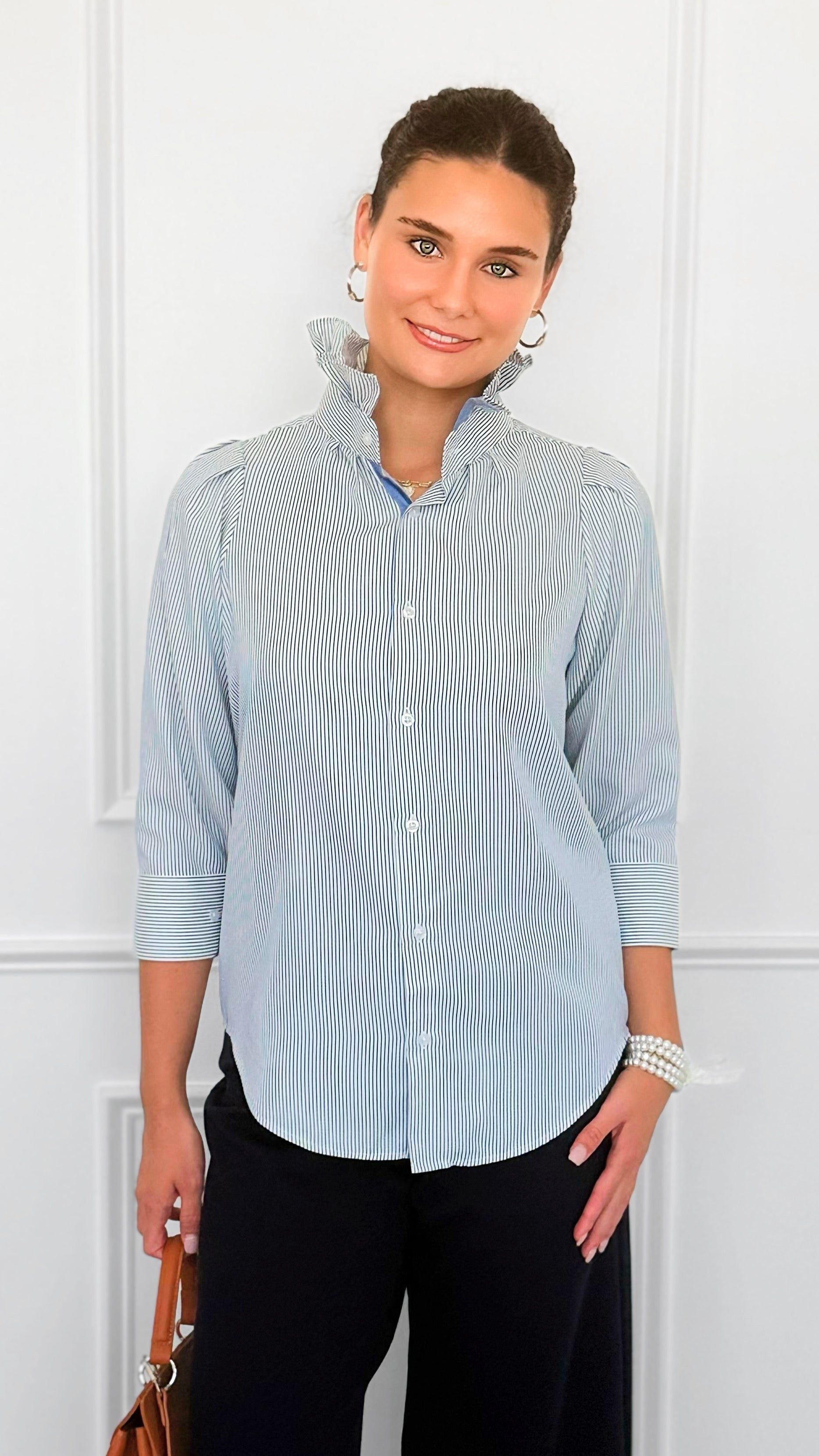 Italian Amelia Amore Di Righe Ruffle Blouse-110 Long Sleeve Tops-Italianissimo-Coastal Bloom Boutique, find the trendiest versions of the popular styles and looks Located in Indialantic, FL