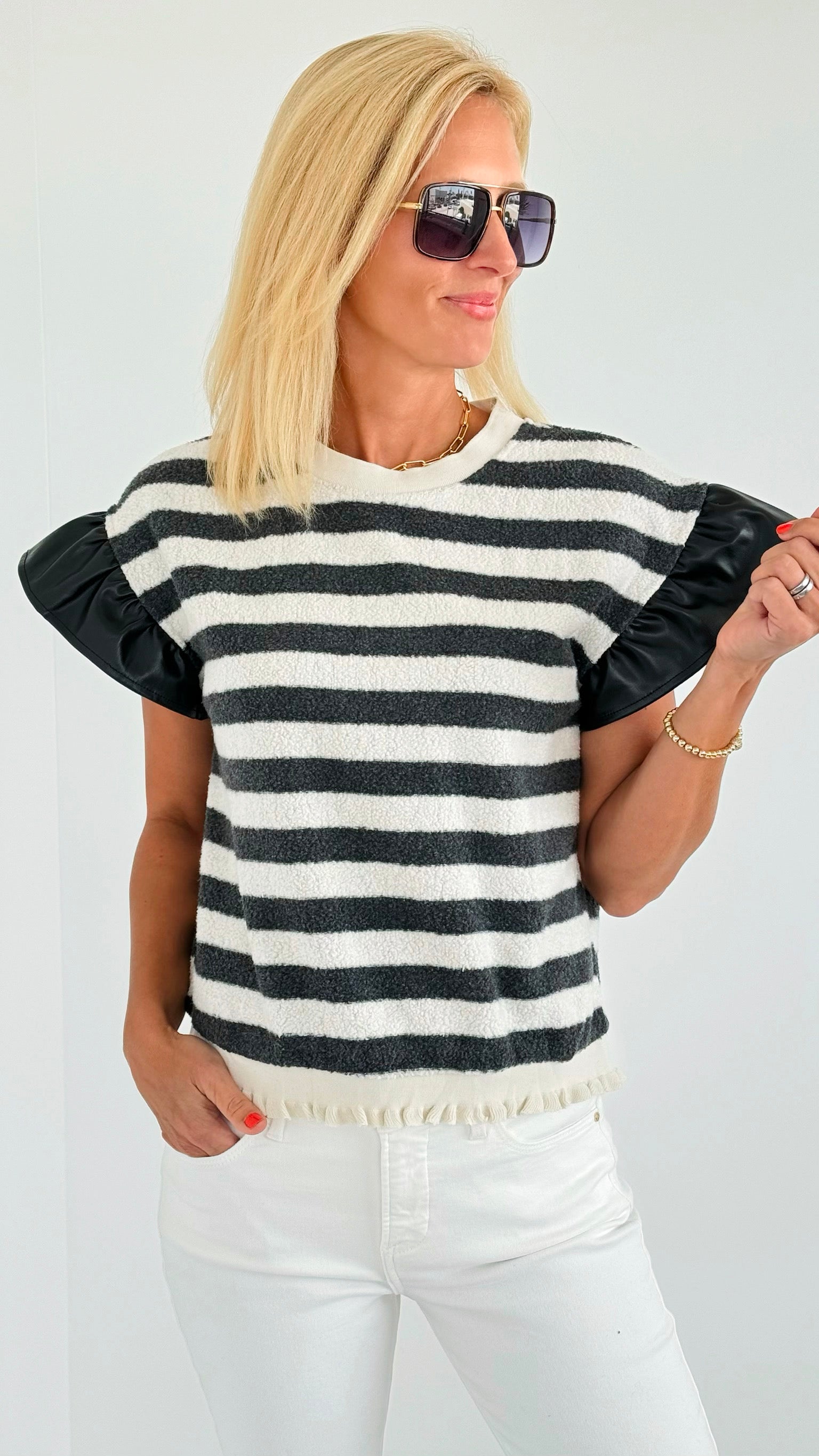 Ruffled Sleeves Striped Top-110 Short Sleeve Tops-VOY-Coastal Bloom Boutique, find the trendiest versions of the popular styles and looks Located in Indialantic, FL