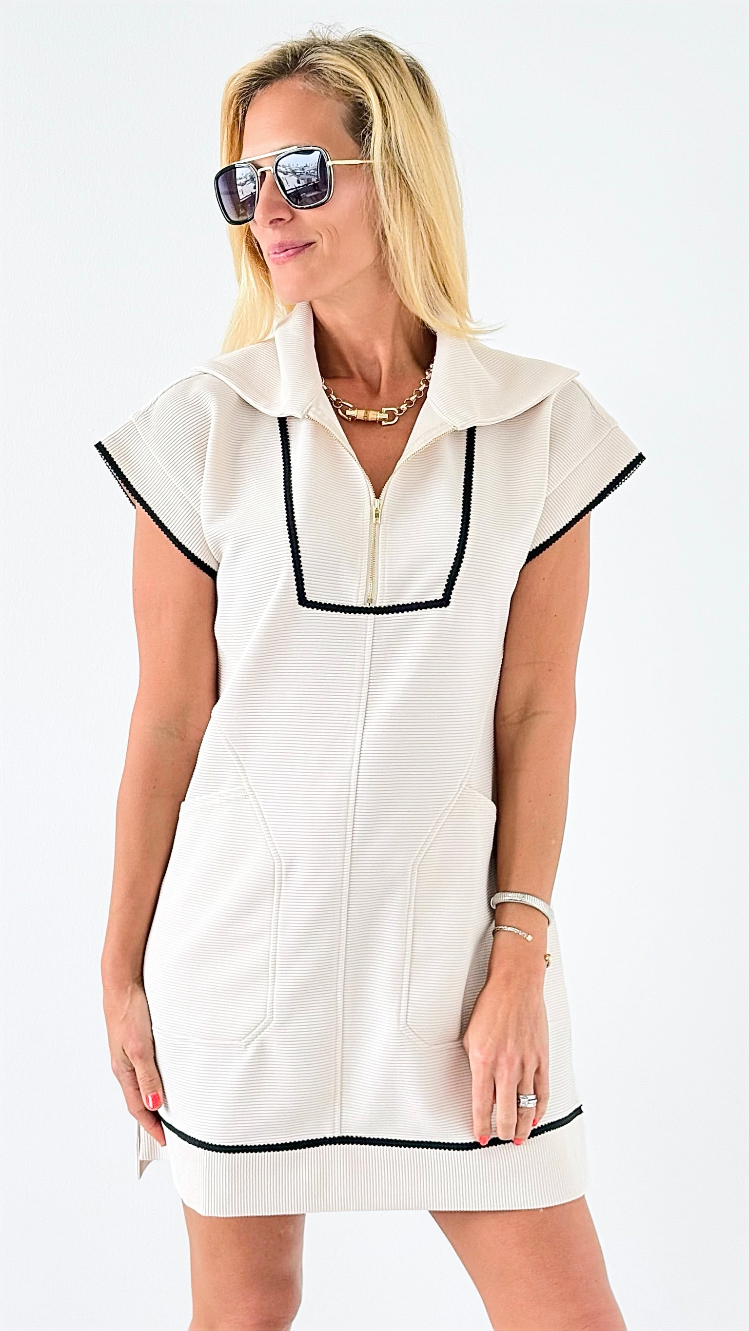 Zip Collar Sleeveless Tunic - Cream-110 Short Sleeve Tops-Jodifl-Coastal Bloom Boutique, find the trendiest versions of the popular styles and looks Located in Indialantic, FL