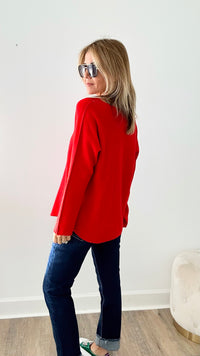 Soho Italian V-Neck Pullover - Red-140 Sweaters-Italianissimo-Coastal Bloom Boutique, find the trendiest versions of the popular styles and looks Located in Indialantic, FL