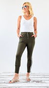 Urban Stripe Italian Joggers- Olive/White-180 Joggers-VENTI6 OUTLET-Coastal Bloom Boutique, find the trendiest versions of the popular styles and looks Located in Indialantic, FL