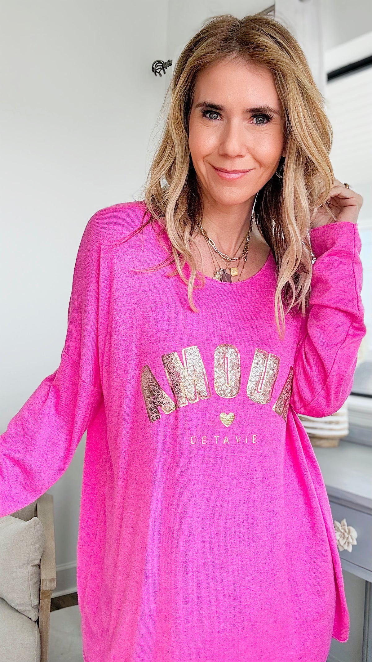 Sequin Amour Italian Pullover - Heather Fuchsia-140 Sweaters-Germany-Coastal Bloom Boutique, find the trendiest versions of the popular styles and looks Located in Indialantic, FL