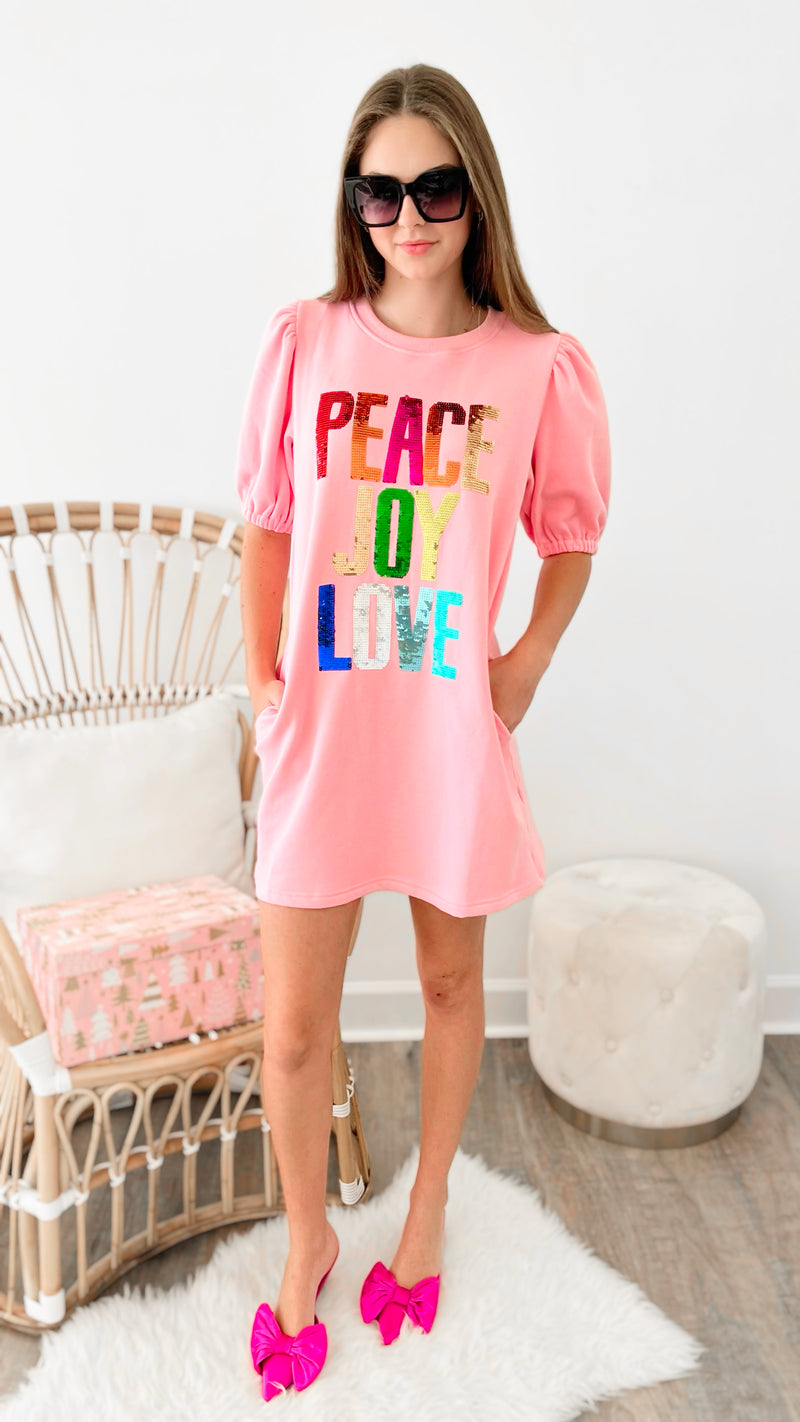 Peace Joy Love Sequin Sweater Dress-200 Dresses/Jumpsuits/Rompers-Main Strip-Coastal Bloom Boutique, find the trendiest versions of the popular styles and looks Located in Indialantic, FL