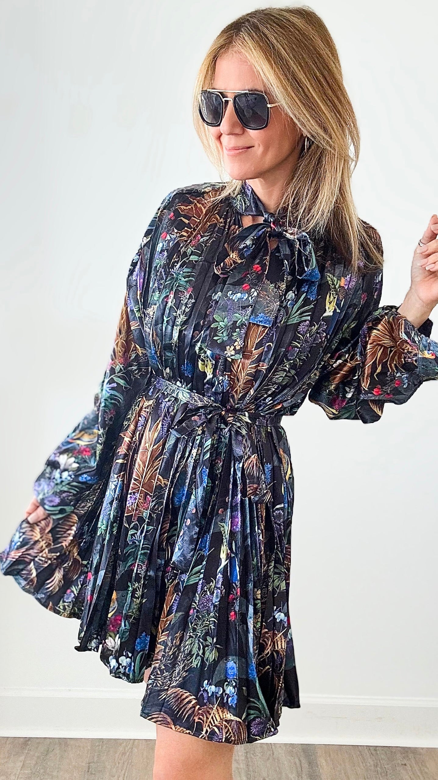 Magical Jungle Pleated Dress-130 Long Sleeve Tops-Beulah Style-Coastal Bloom Boutique, find the trendiest versions of the popular styles and looks Located in Indialantic, FL