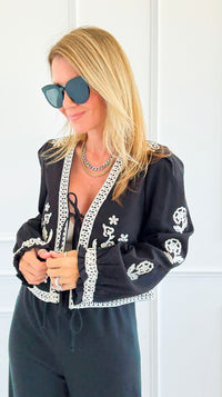 Embroidery Detail Front Tie Long Sleeve Jacket-160 Jackets-Blu Pepper-Coastal Bloom Boutique, find the trendiest versions of the popular styles and looks Located in Indialantic, FL