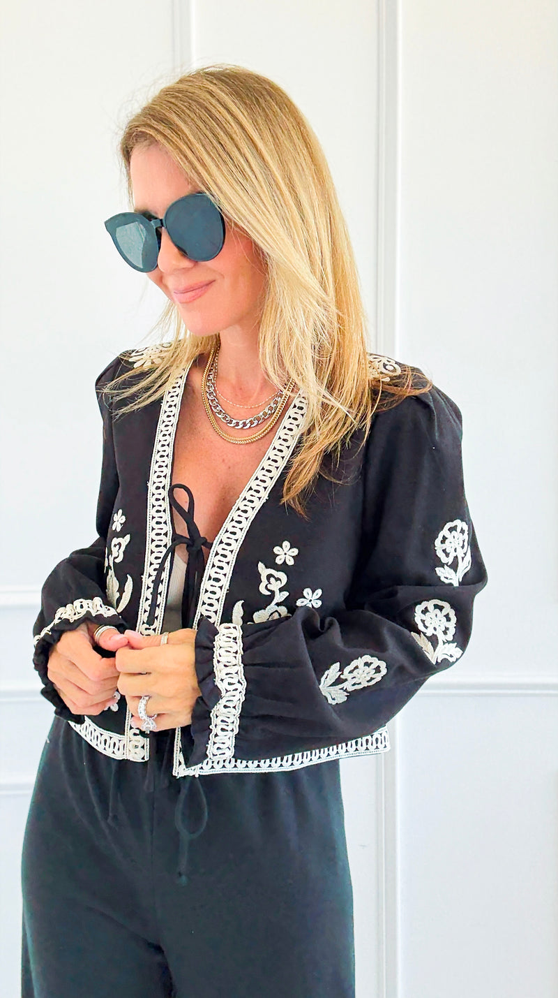Embroidery Detail Front Tie Long Sleeve Jacket-160 Jackets-Blu Pepper-Coastal Bloom Boutique, find the trendiest versions of the popular styles and looks Located in Indialantic, FL