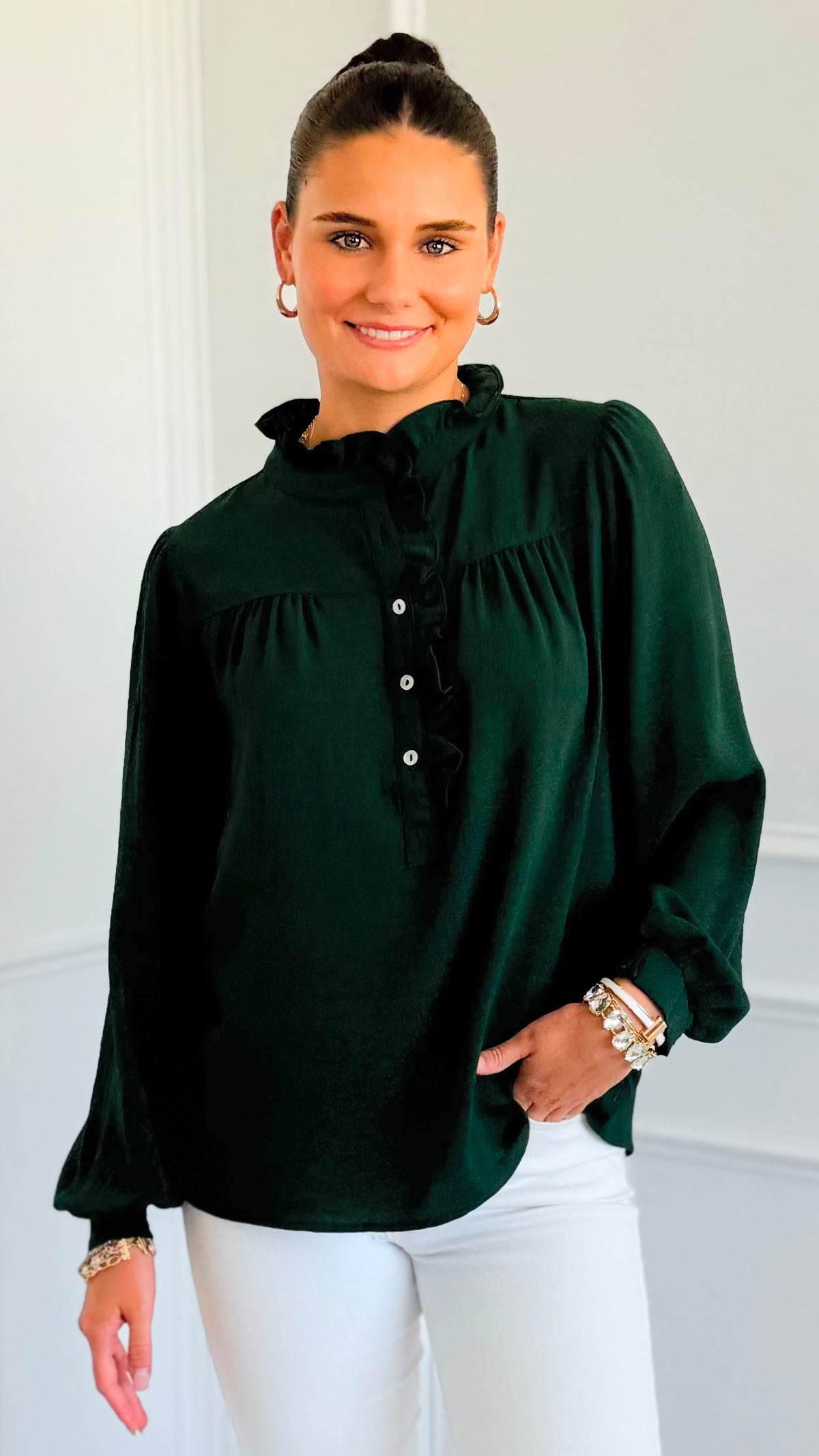 Victorian Muse Ruffle Top - Hunter Green-130 Long Sleeve Tops-JODIFL-Coastal Bloom Boutique, find the trendiest versions of the popular styles and looks Located in Indialantic, FL