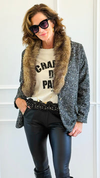 Luxe Tweed Italian Fur Jacket-160 Jackets-AZUL MONACO-Coastal Bloom Boutique, find the trendiest versions of the popular styles and looks Located in Indialantic, FL