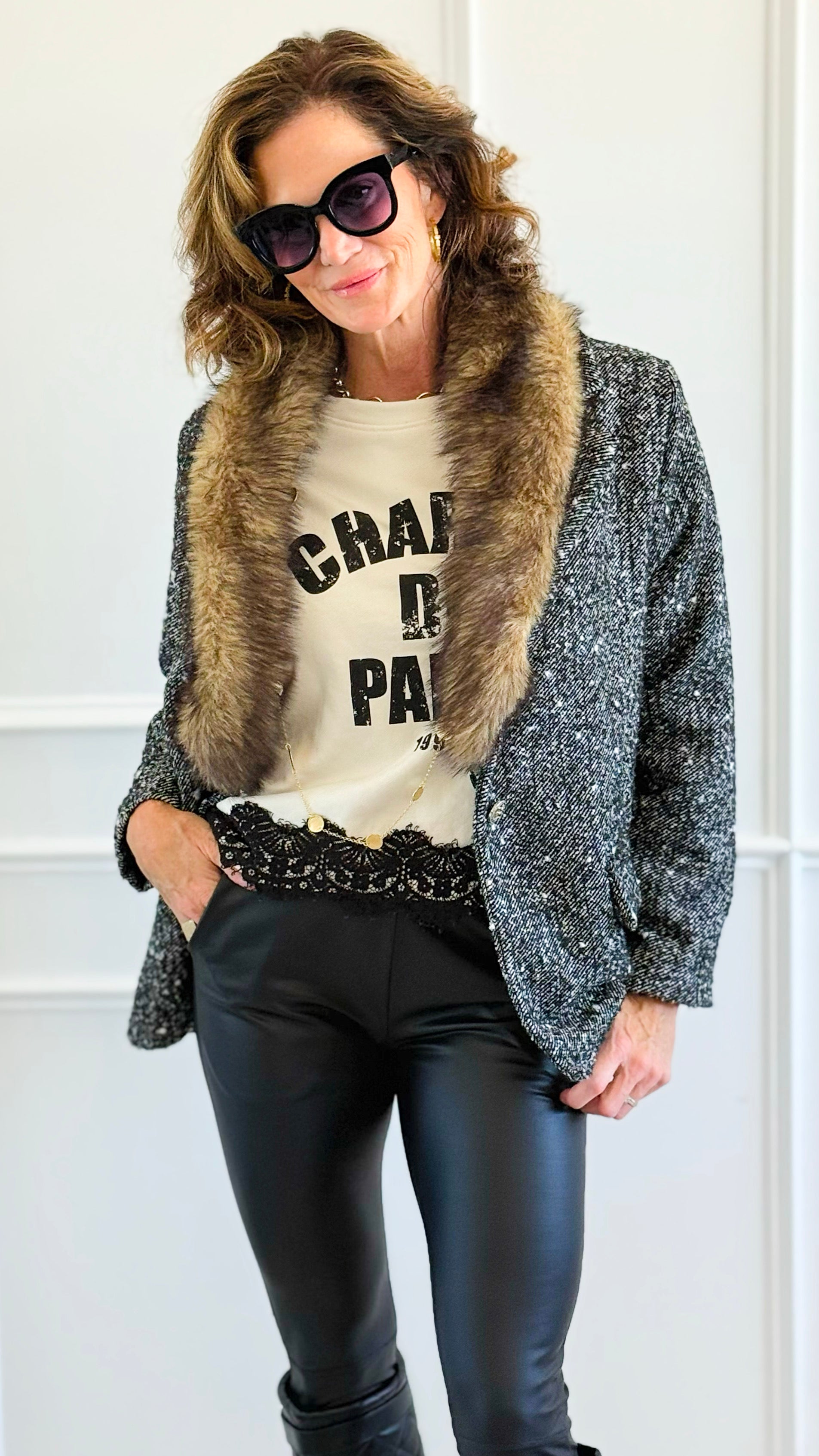 Luxe Tweed Italian Fur Jacket-160 Jackets-AZUL MONACO-Coastal Bloom Boutique, find the trendiest versions of the popular styles and looks Located in Indialantic, FL