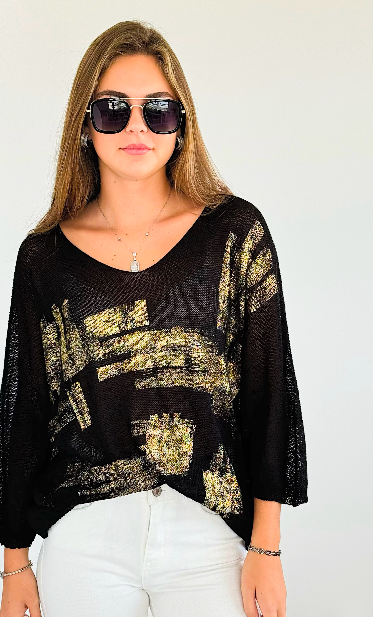 Metallic Printed Ribbed Italian Sweater - Black-140 Sweaters-UM-Coastal Bloom Boutique, find the trendiest versions of the popular styles and looks Located in Indialantic, FL