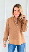 Ribbed Knit Half-Zip Sweater - Camel-140 Sweaters-English Factory-Coastal Bloom Boutique, find the trendiest versions of the popular styles and looks Located in Indialantic, FL