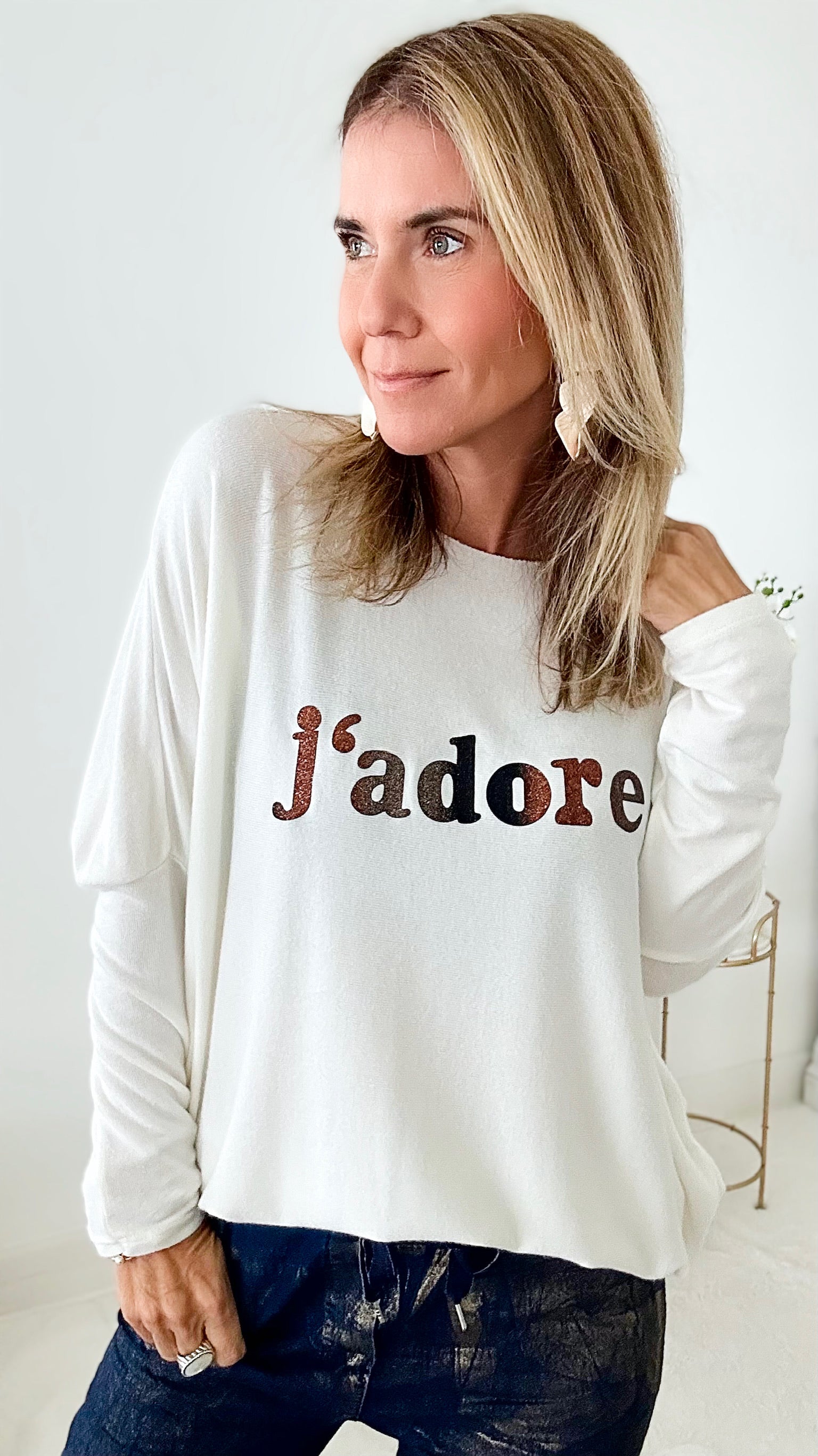 Italian J'adore Long Sleeve Pullover - Ivory-140 Sweaters-Germany-Coastal Bloom Boutique, find the trendiest versions of the popular styles and looks Located in Indialantic, FL