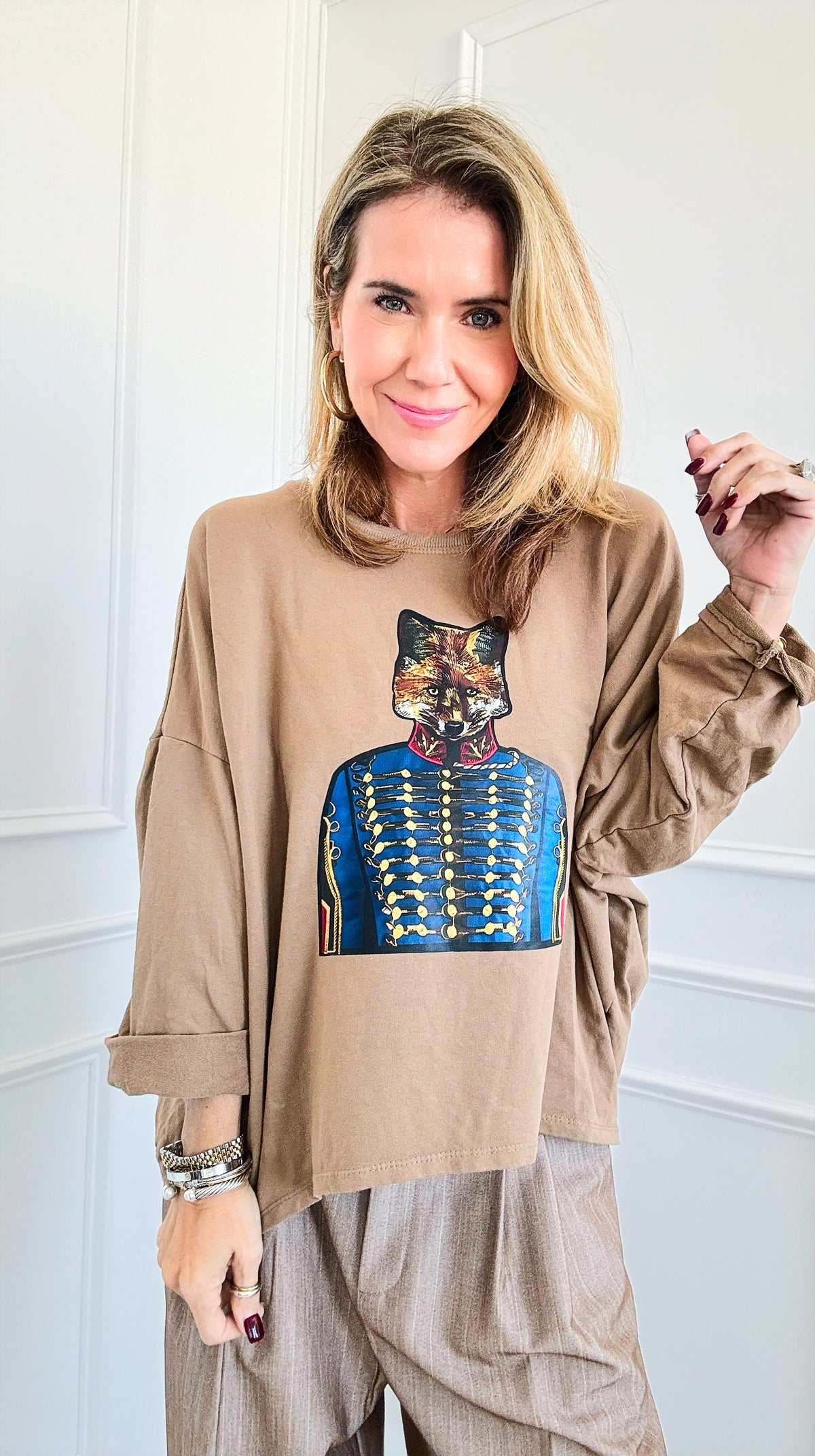 Whimsical Fox Italian Pullover- Taupe-130 Long Sleeve Tops-Italianissimo-Coastal Bloom Boutique, find the trendiest versions of the popular styles and looks Located in Indialantic, FL