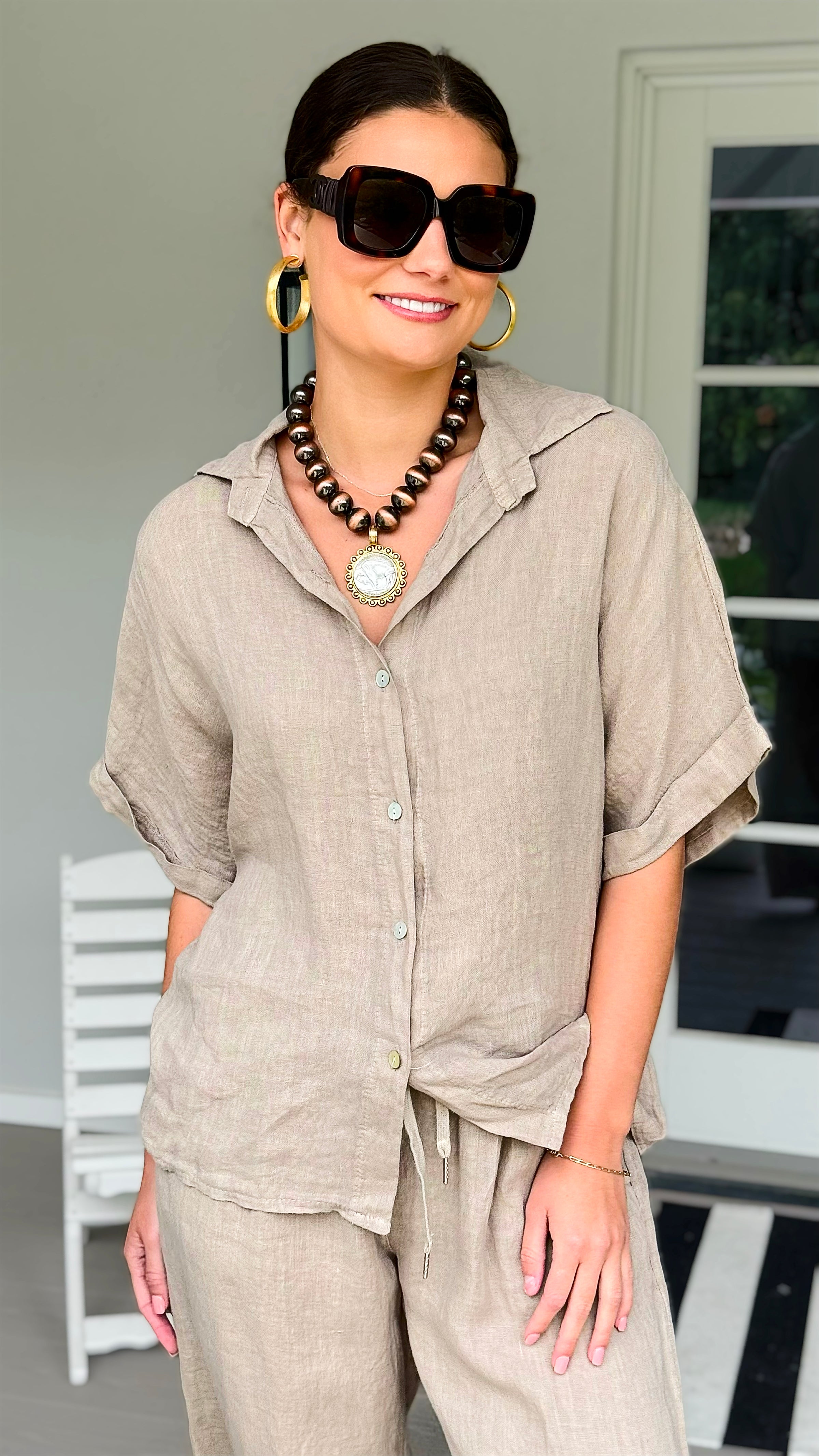 The Marlow Linen Italian Button Top- Taupe