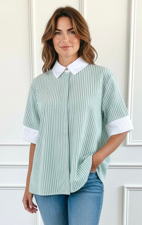 Boardwalk Breeze Collared Top-110 Short Sleeve Tops-ROUSSEAU-Coastal Bloom Boutique, find the trendiest versions of the popular styles and looks Located in Indialantic, FL