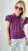 Plaid Flutter Sleeves Blouse - Red + Navy-110 Short Sleeve Tops-day + moon-Coastal Bloom Boutique, find the trendiest versions of the popular styles and looks Located in Indialantic, FL