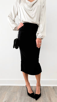 Hold Onto Love High-Waisted Slit Midi Skirt - Black-170 Bottoms-HYFVE-Coastal Bloom Boutique, find the trendiest versions of the popular styles and looks Located in Indialantic, FL