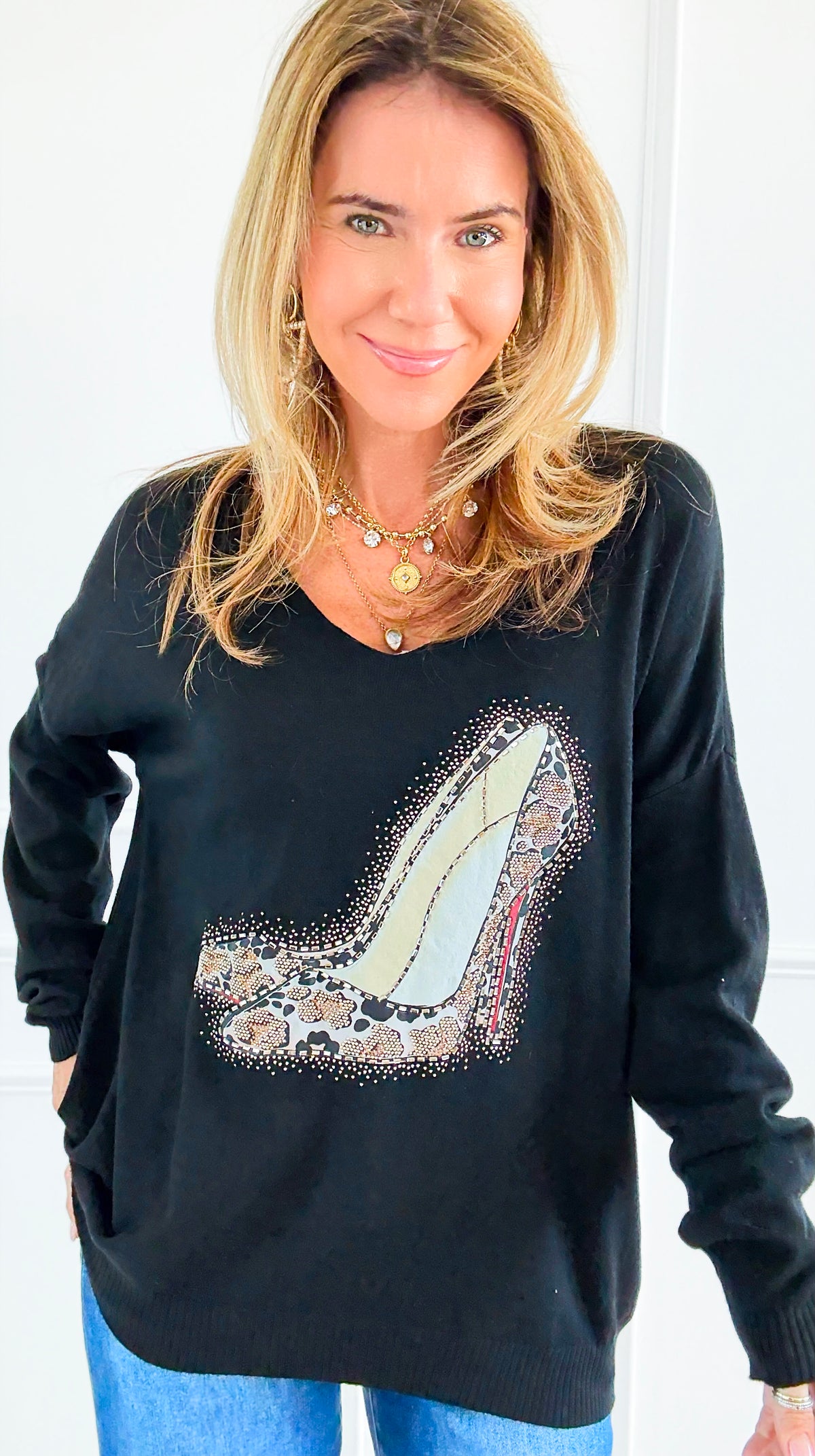 Studded Stilettos Italian Sweater-140 Sweaters-CRIS S.R.L.-Coastal Bloom Boutique, find the trendiest versions of the popular styles and looks Located in Indialantic, FL