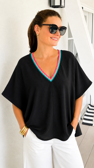 Rainbow Trim V-Neck Top - Black