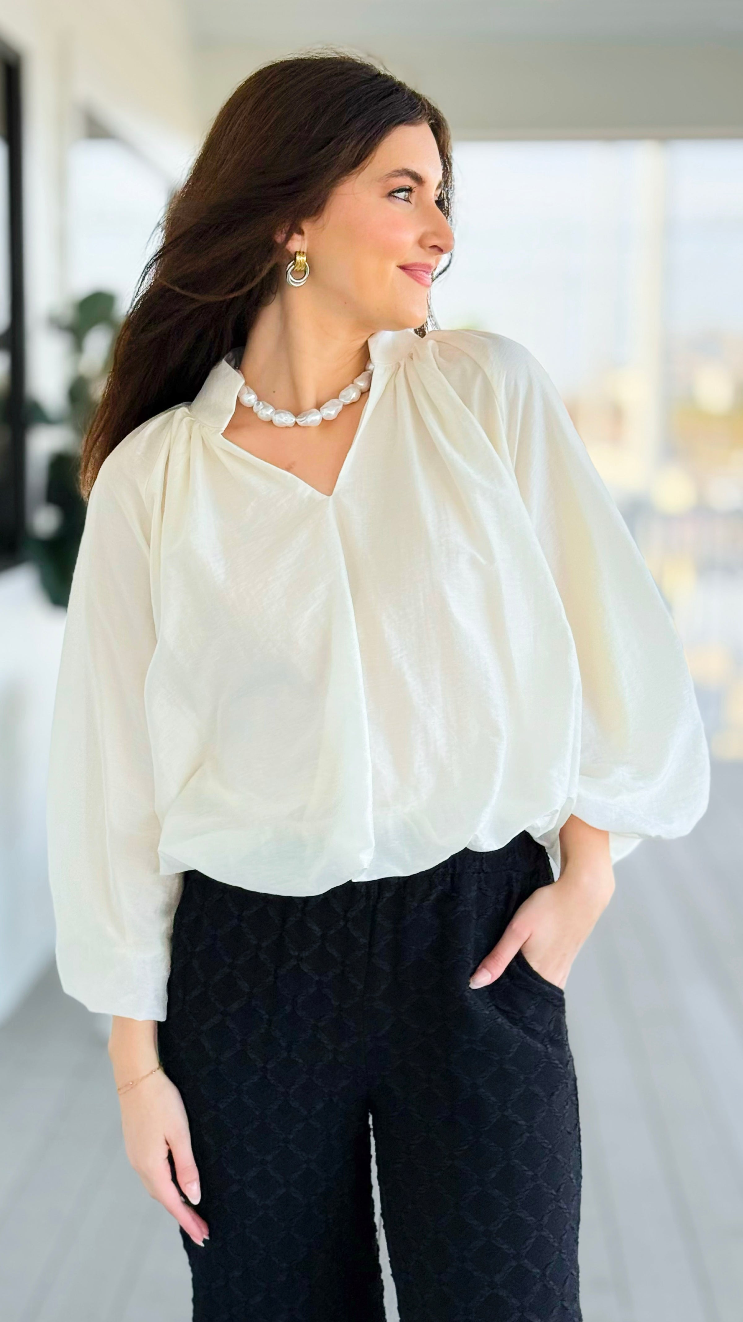 Cloud Nine Split Neck Top - Ecru