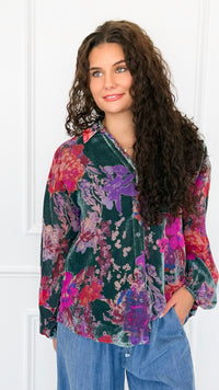 Velvet Bloom Button Down Top-130 Long Sleeve Tops-Jodifl-Coastal Bloom Boutique, find the trendiest versions of the popular styles and looks Located in Indialantic, FL