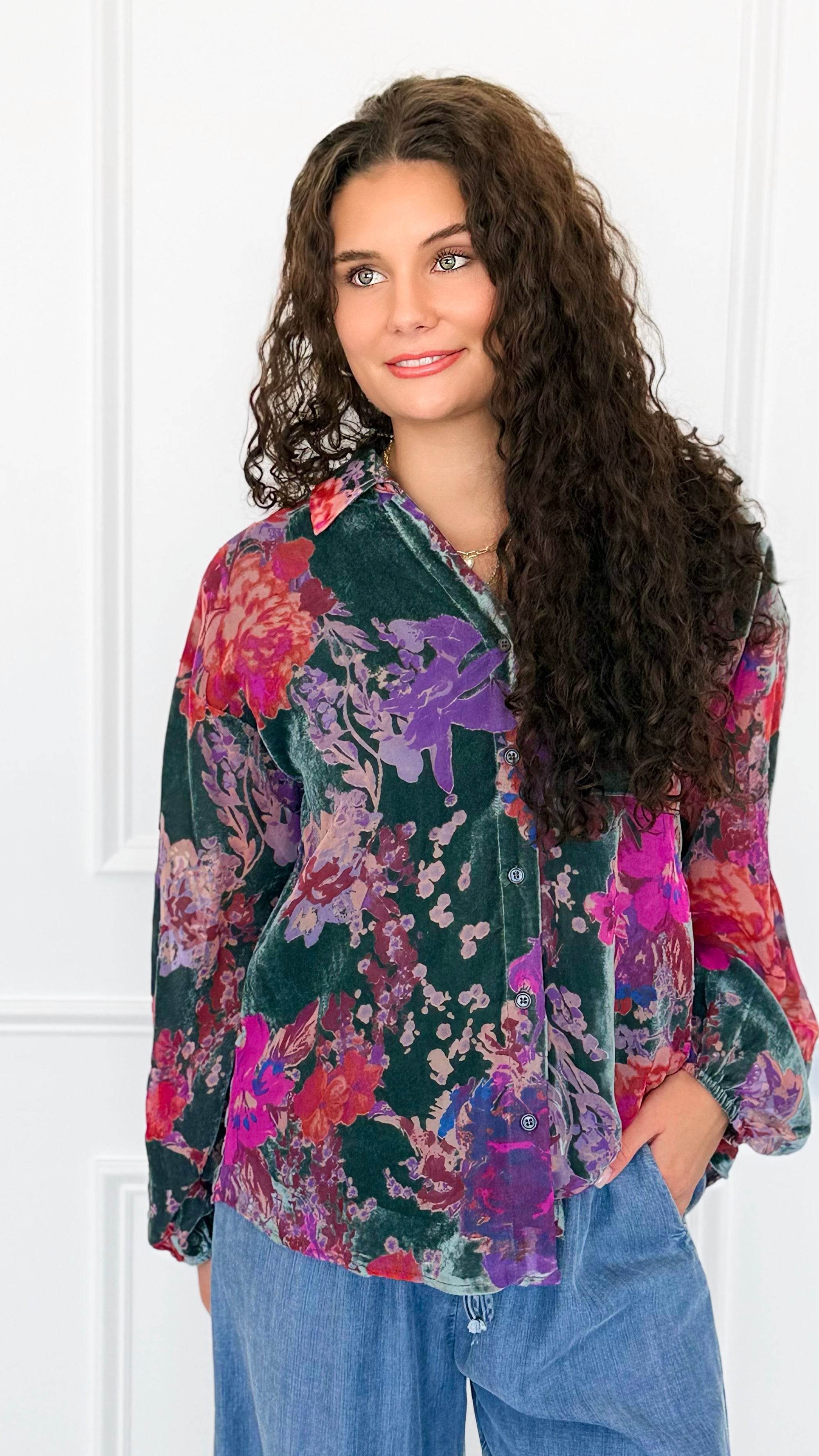 Velvet Bloom Button Down Top-130 Long Sleeve Tops-Jodifl-Coastal Bloom Boutique, find the trendiest versions of the popular styles and looks Located in Indialantic, FL