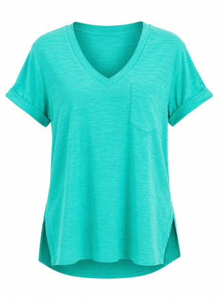 Slub Knit V-Neck Top - Turquoise