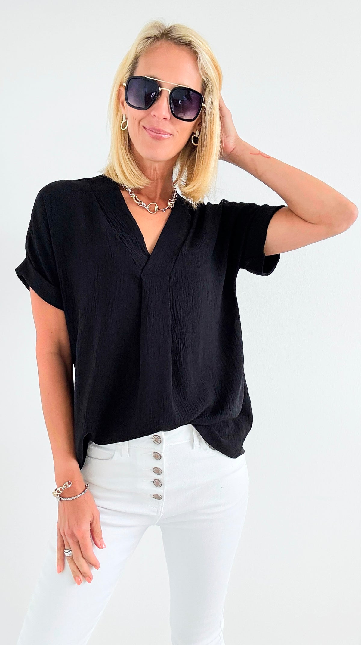 The Jetsetter Blouse - Black-110 short Sleeve Top-2 Hearts-Coastal Bloom Boutique, find the trendiest versions of the popular styles and looks Located in Indialantic, FL