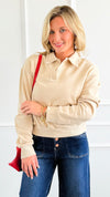 Whispered Grace Polo Top - Beige-130 Long Sleeve Tops-Rosio-Coastal Bloom Boutique, find the trendiest versions of the popular styles and looks Located in Indialantic, FL
