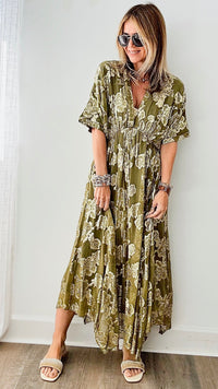 Olive & Gold Metallic Pleated Maxi Dress-200 Dresses/Jumpsuits/Rompers-en creme-Coastal Bloom Boutique, find the trendiest versions of the popular styles and looks Located in Indialantic, FL