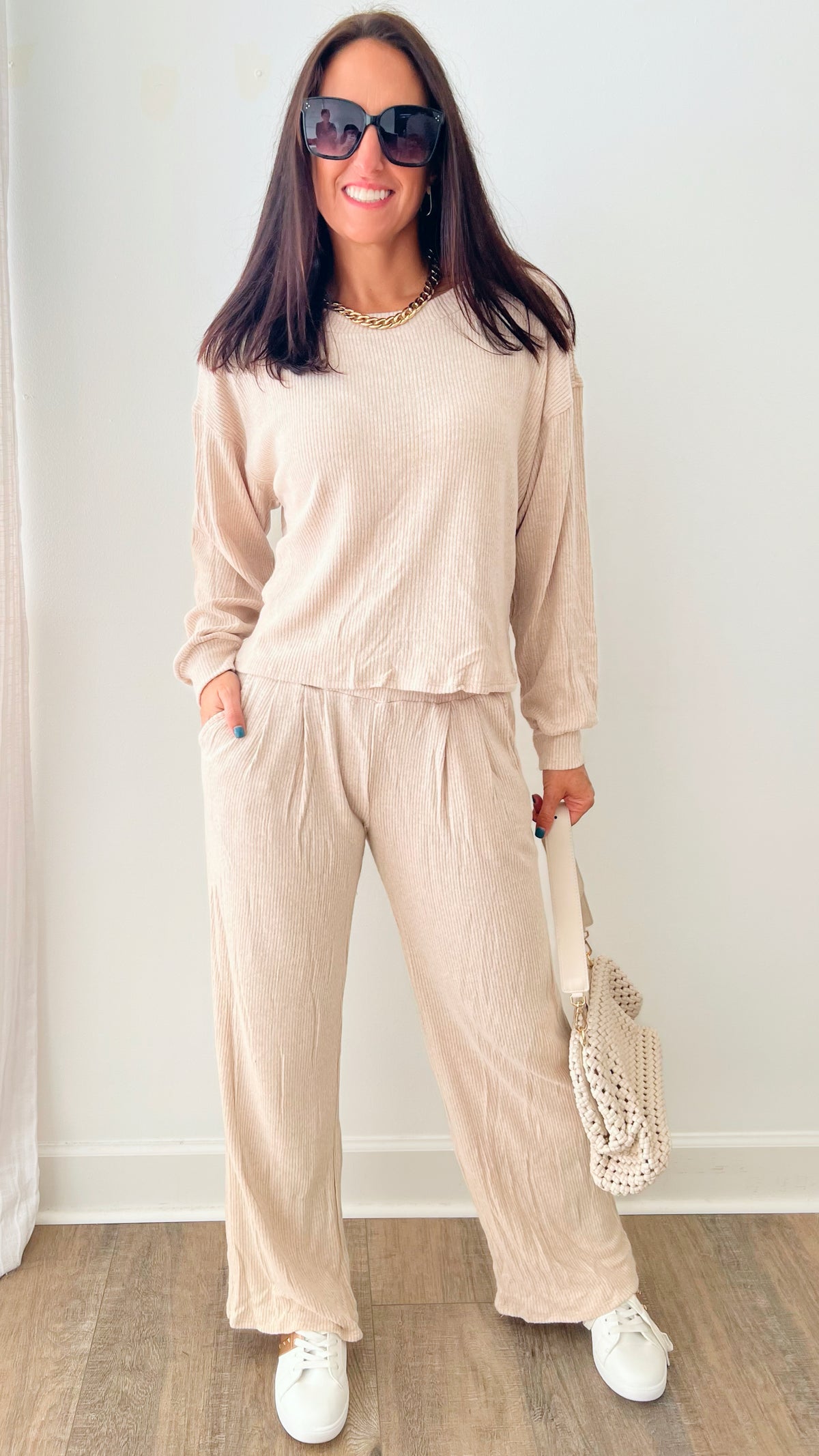 Ruched Back Detail Top & Pant Matching Set - Beige-210 Loungewear/Sets-ROUSSEAU-Coastal Bloom Boutique, find the trendiest versions of the popular styles and looks Located in Indialantic, FL