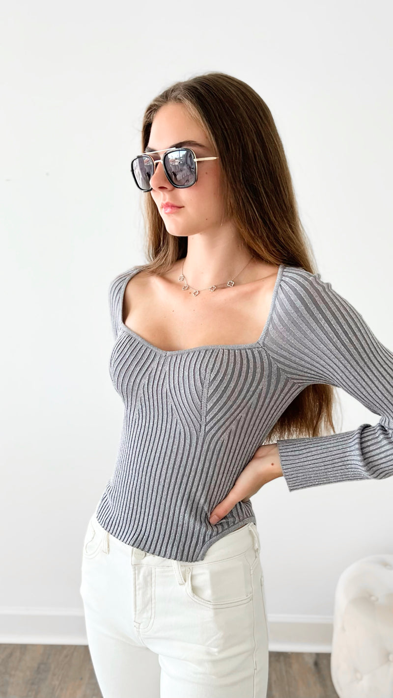 Metallic Rib Fitted Corset Top-130 Long Sleeve Tops-MISS LOVE-Coastal Bloom Boutique, find the trendiest versions of the popular styles and looks Located in Indialantic, FL