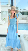 Chambray Smocked Maxi Dress-200 Dresses/Jumpsuits/Rompers-Blu Pepper-Coastal Bloom Boutique, find the trendiest versions of the popular styles and looks Located in Indialantic, FL