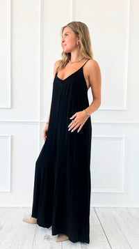 Italian V-Neck Jumpsuit - Black-200 dresses/jumpsuits/rompers-V6-Coastal Bloom Boutique, find the trendiest versions of the popular styles and looks Located in Indialantic, FL