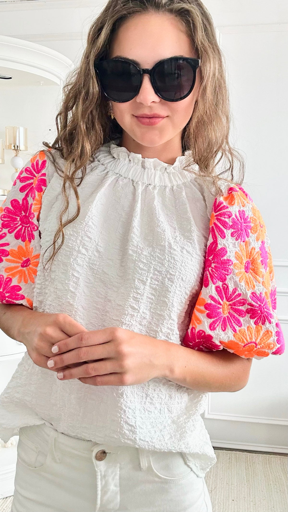 Flower Puff Sleeve Collar Blouse-110 Short Sleeve Tops-THML-Coastal Bloom Boutique, find the trendiest versions of the popular styles and looks Located in Indialantic, FL