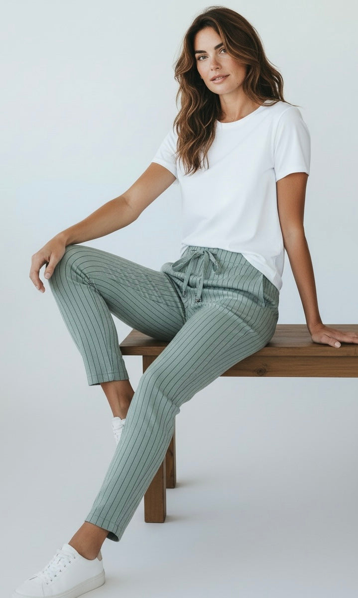 Easy Motion Stripe Italian Jogger- Sage-100 Pants-LY PARIS-Coastal Bloom Boutique, find the trendiest versions of the popular styles and looks Located in Indialantic, FL