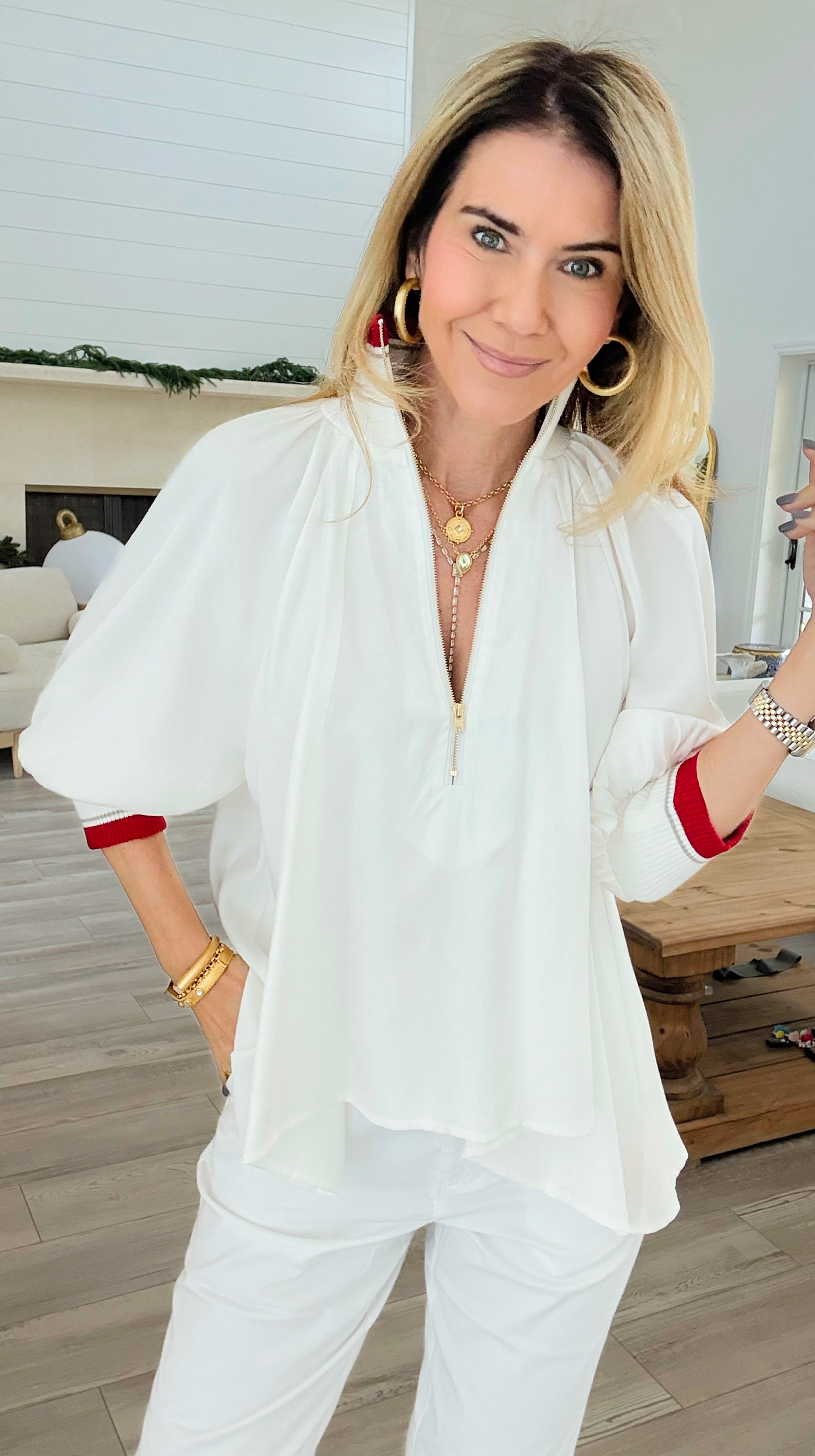 High Society Mock Neck Blouse - White-110 Long Sleeve Tops-Glam-Coastal Bloom Boutique, find the trendiest versions of the popular styles and looks Located in Indialantic, FL
