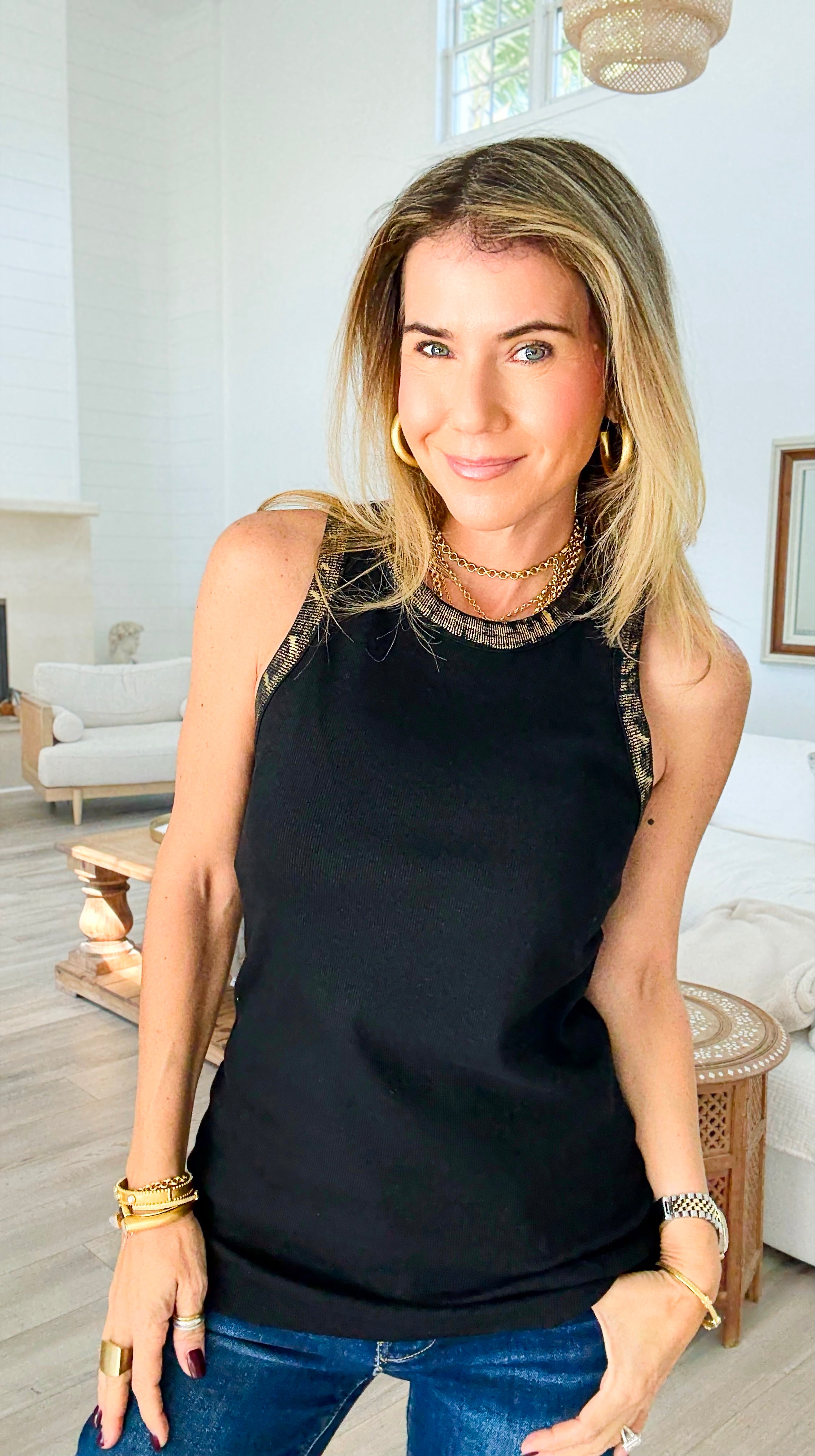 Metallic Foil Detailed Ribbed Italian Tank - Gold/Black-100 Sleeveless Tops-Italianissimo-Coastal Bloom Boutique, find the trendiest versions of the popular styles and looks Located in Indialantic, FL