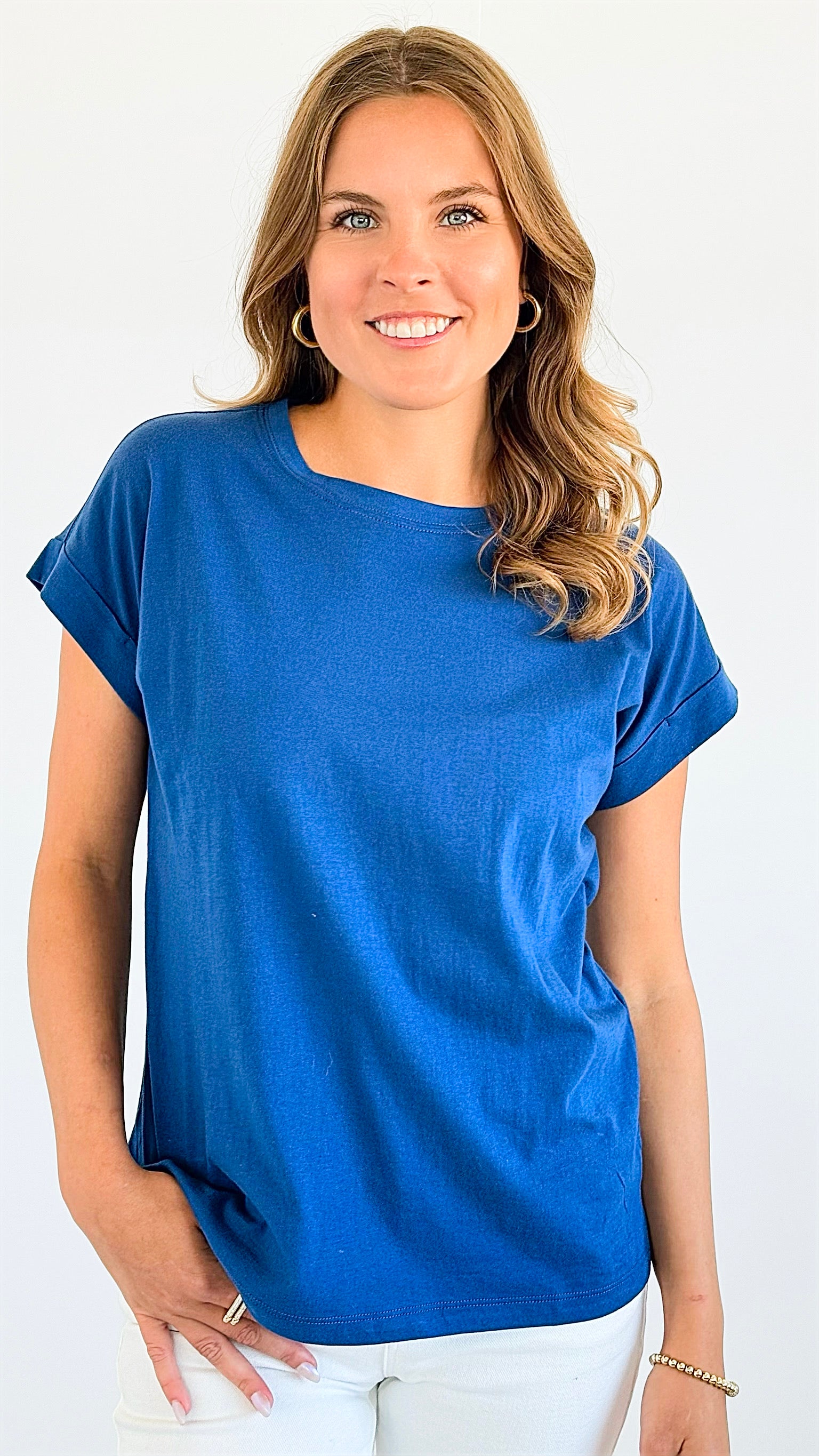 Cotton Crew Girl Next Door Neck Top - Lt. Navy-110 Short Sleeve Tops-Zenana-Coastal Bloom Boutique, find the trendiest versions of the popular styles and looks Located in Indialantic, FL