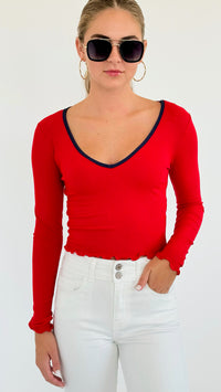 V-Neck Ribbed Crop Top - Red-130 Long Sleeve Tops-Heart&Hips-Coastal Bloom Boutique, find the trendiest versions of the popular styles and looks Located in Indialantic, FL