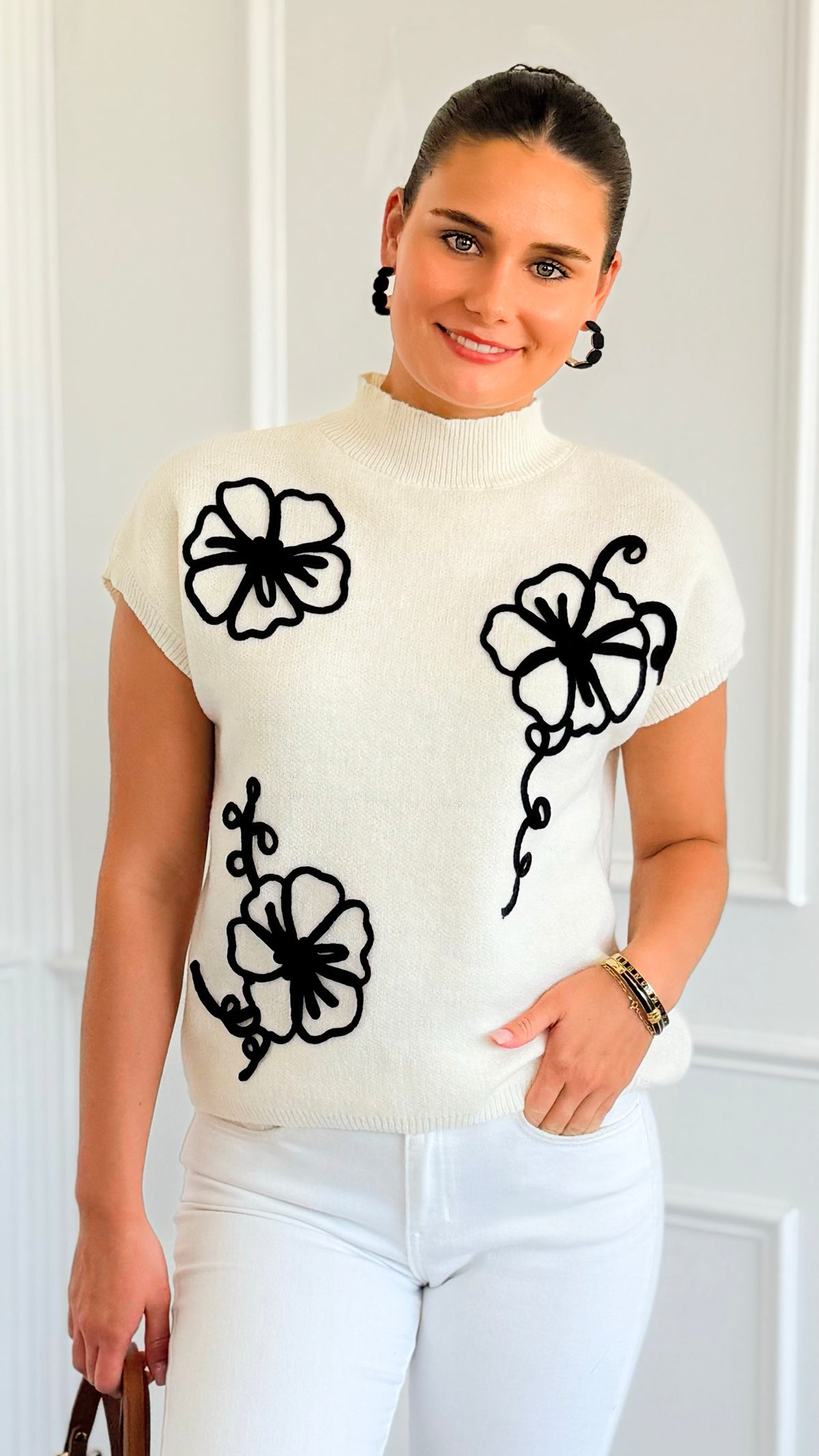 Floral Trim Knit Sleeveless Sweater- Cream-140 Sweaters-Blu Pepper-Coastal Bloom Boutique, find the trendiest versions of the popular styles and looks Located in Indialantic, FL