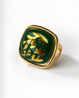 Matera Golden Hand-Painted Artisan Square Ring - Emerald
