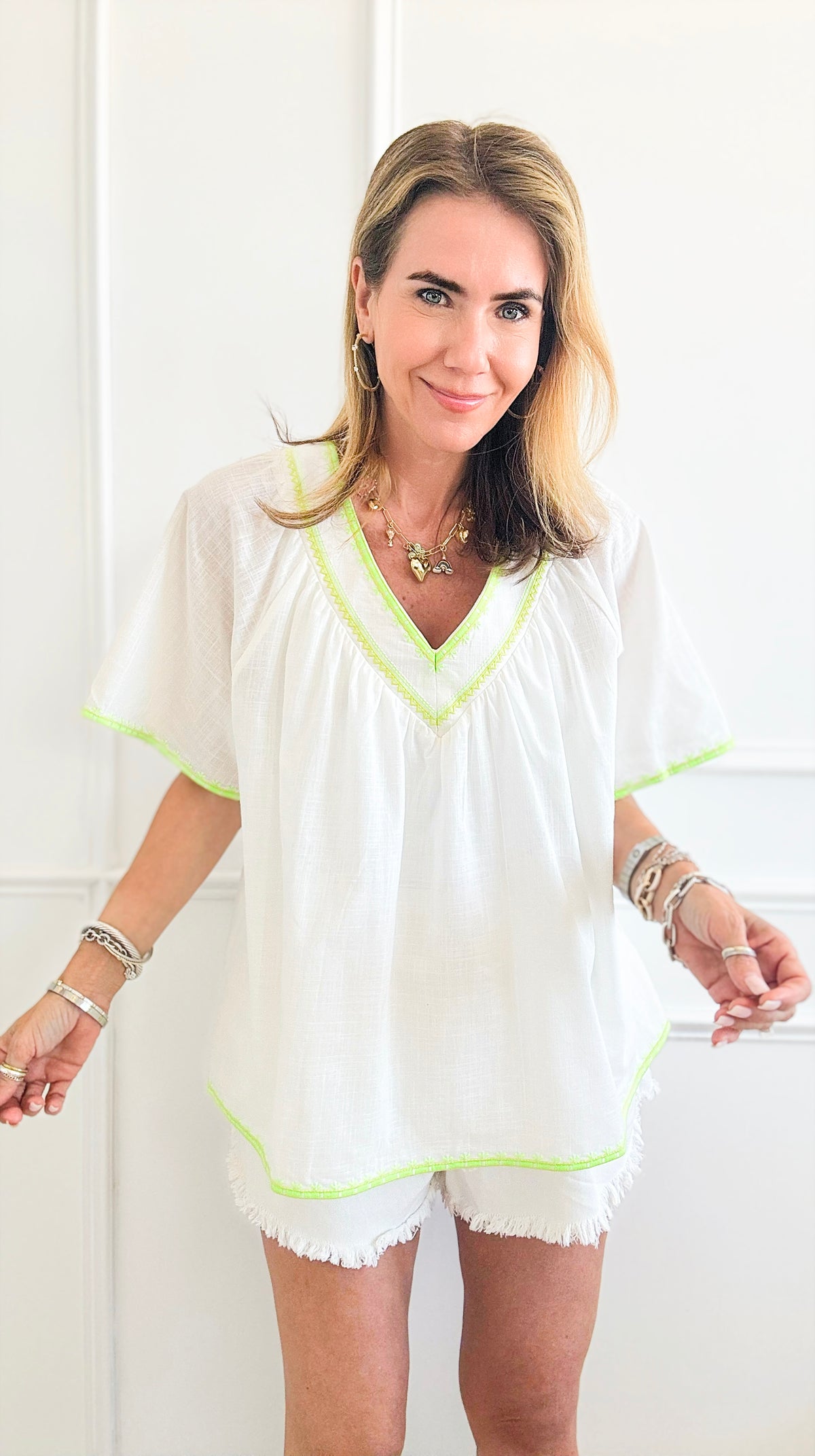Embroidery Detail V-Neck Top-110 Short Sleeve Tops-Easel-Coastal Bloom Boutique, find the trendiest versions of the popular styles and looks Located in Indialantic, FL