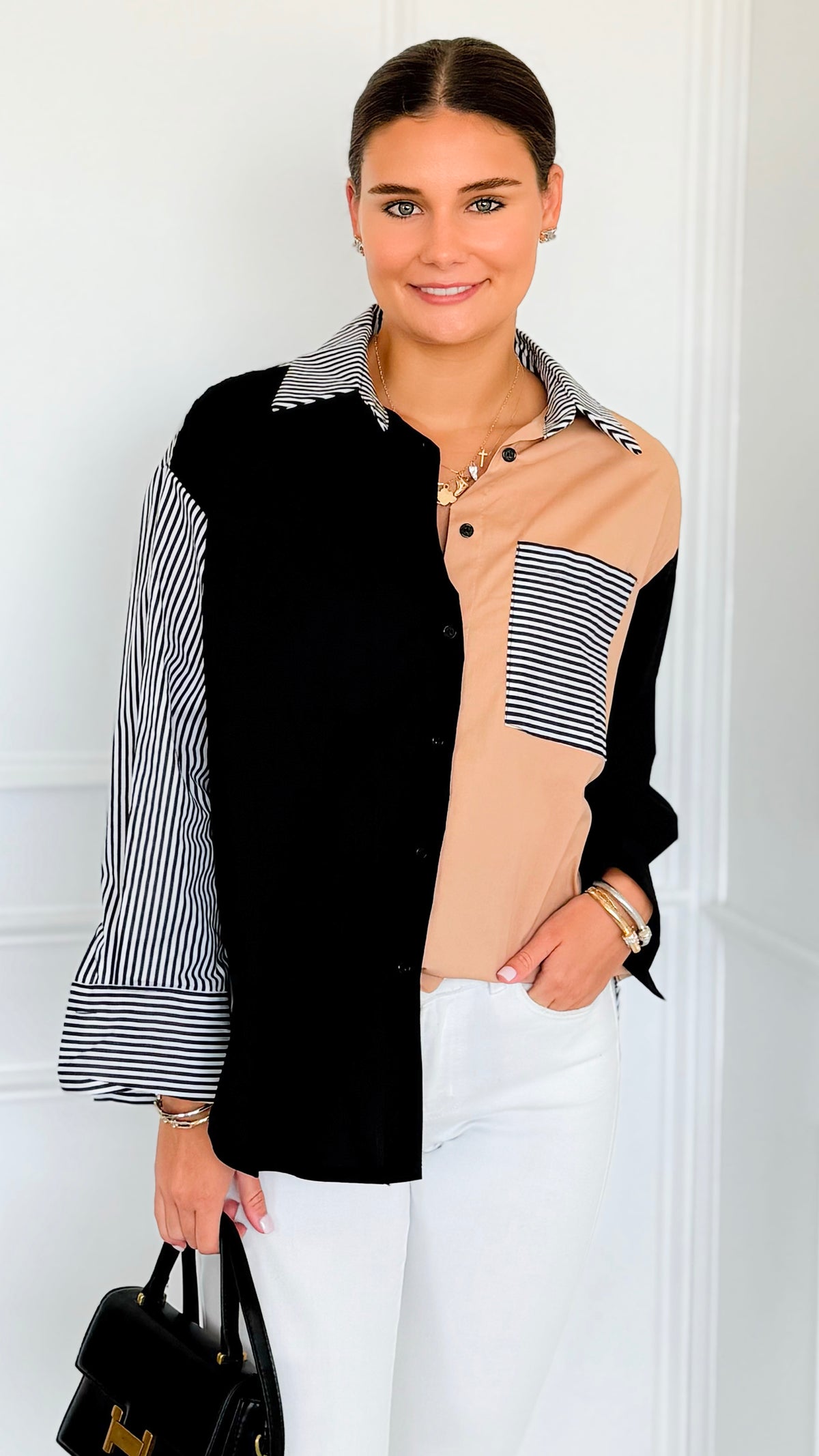 Pocket Play Italian 3/4 Sleeve Blouse-110 Long Sleeve Tops-TATTOO Z-Coastal Bloom Boutique, find the trendiest versions of the popular styles and looks Located in Indialantic, FL