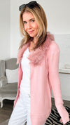 Little Secret Faux Fur Trim Long Cardigan - Pink-150 Cardigans/Layers-On Blue-Coastal Bloom Boutique, find the trendiest versions of the popular styles and looks Located in Indialantic, FL