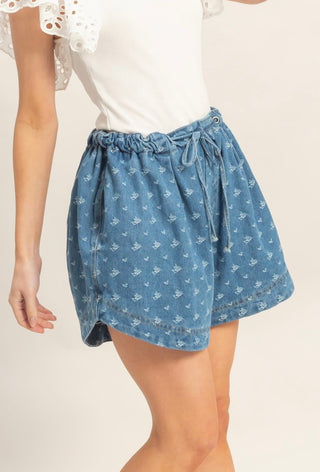 Printed Denim Pull-On Shorts